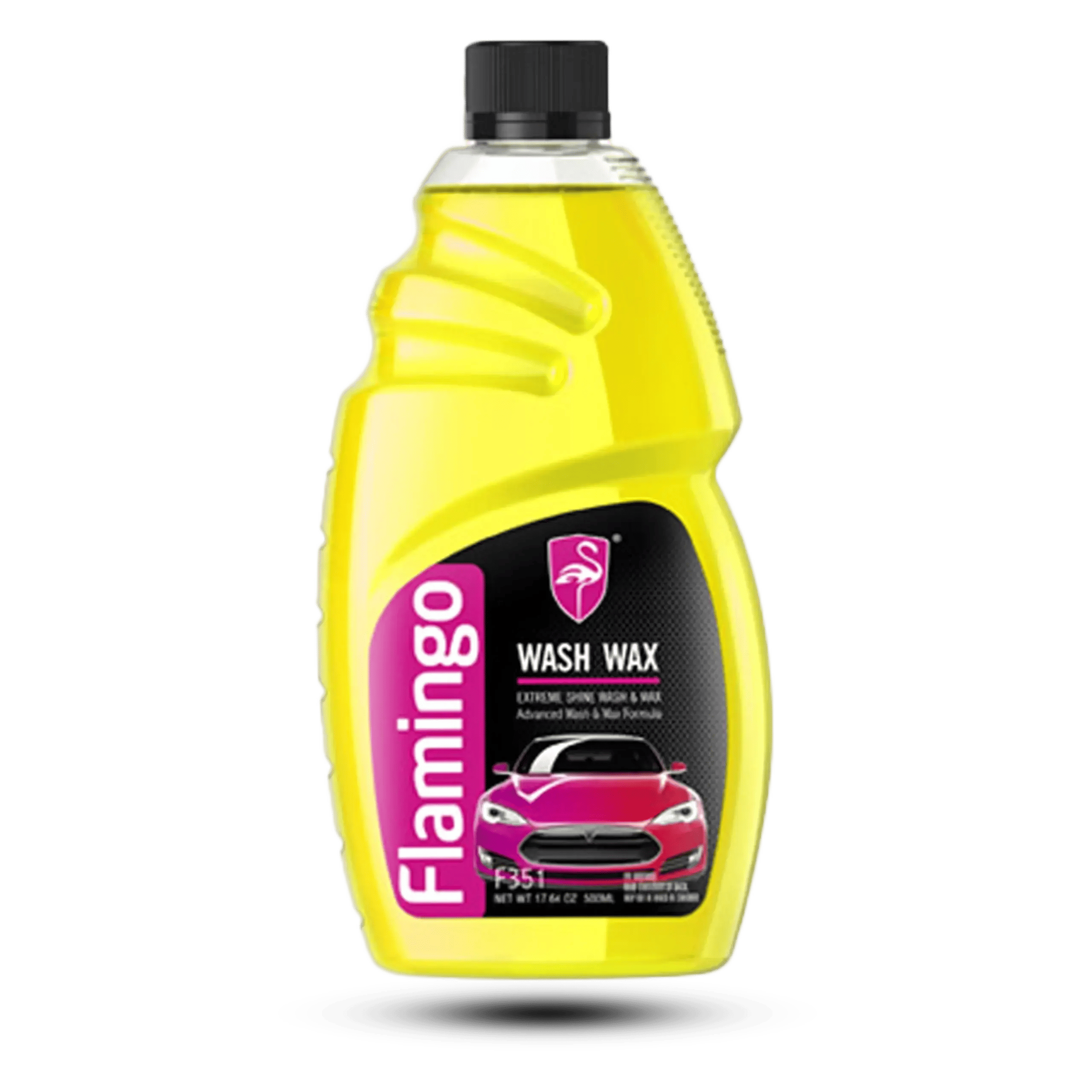 A 500ml clear bottle showing the vibrant yellow Flamingo Wash & Wax liquid with the iconic pink logo and a black flip-top cap.
