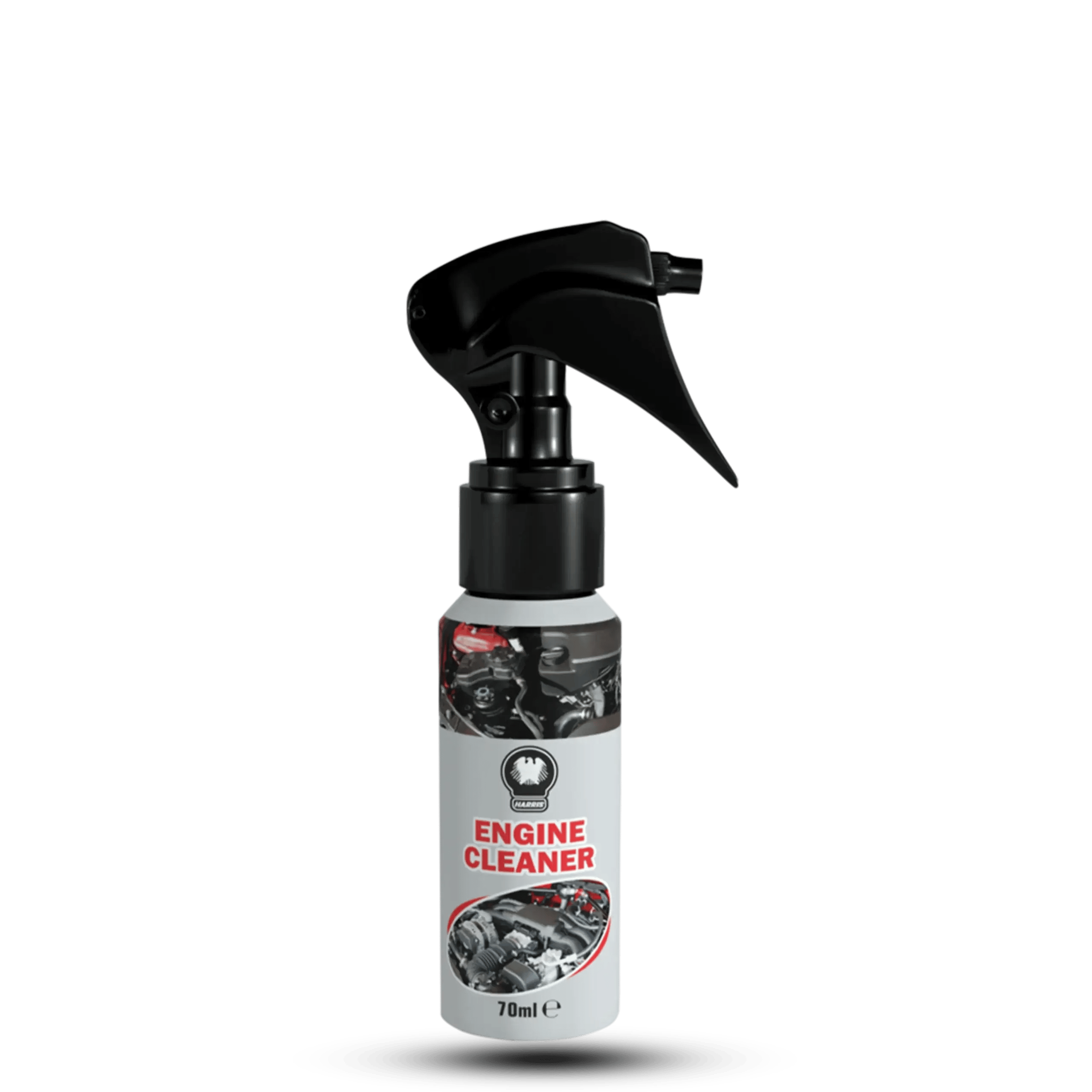 Harris Engine Cleaner 70ml compact spray bottle with a black trigger pump, designed for cleaning and degreasing car and motorcycle engine surfaces.