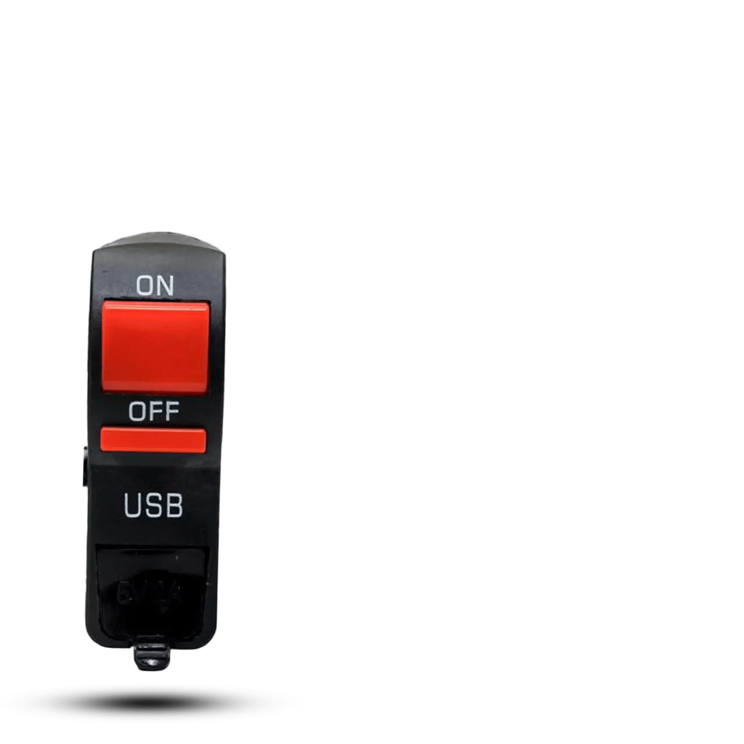 Motorcycle USB charging unit made of black ABS plastic, featuring distinct red ON and OFF buttons, a 5V 2A USB port, and a protective rubber dust cover