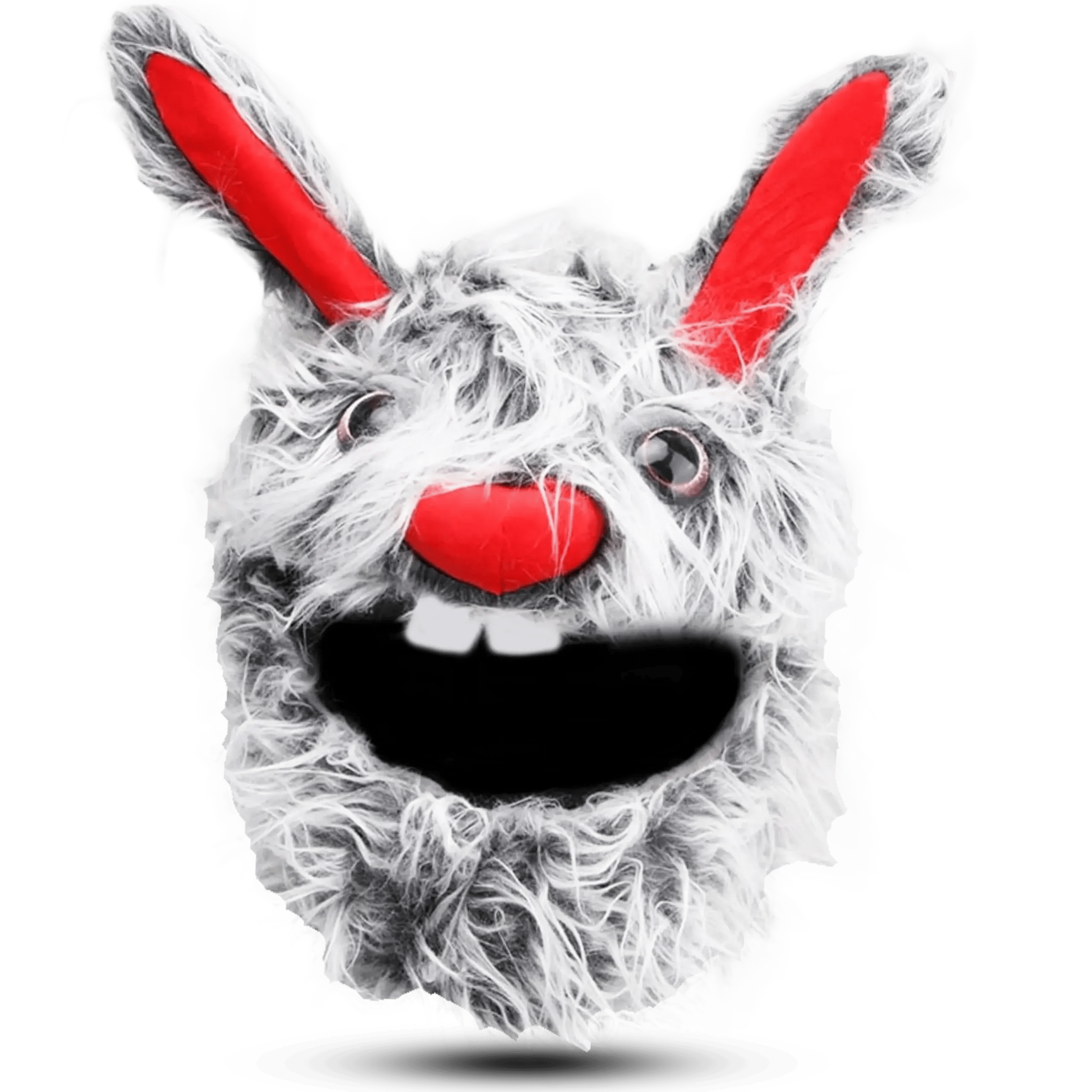 Close-up product shot of a grey plush rabbit motorcycle helmet cover featuring red inner ears, a red nose, and two buck teeth.