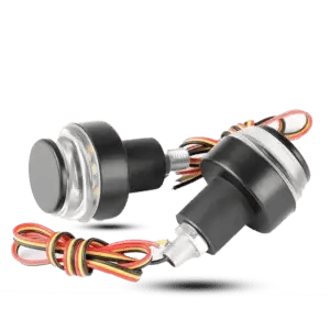 Black motorcycle handlebar end LED turn signal lights displaying white and amber illumination, with wiring visible.