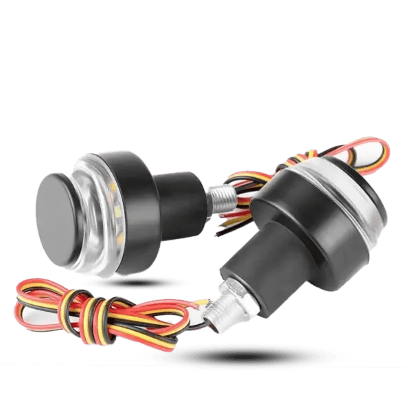 Black motorcycle handlebar end LED turn signal lights displaying white and amber illumination, with wiring visible.