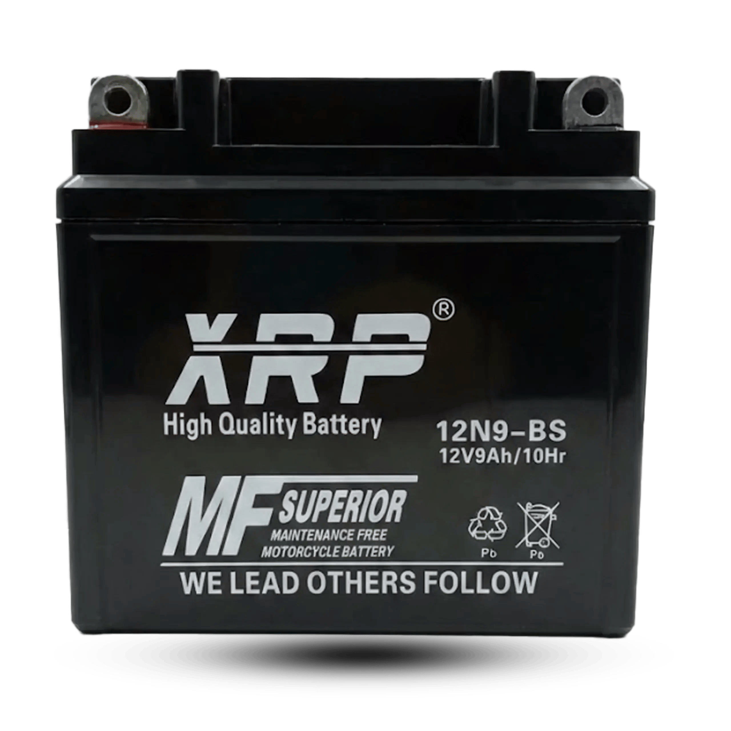 Front view of a black XRP 12N9-BS 12V 9Ah maintenance-free motorcycle battery with white branding and "MF Superior" text on a light gray background.