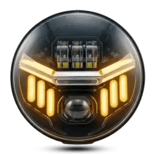 7-inch black LED projector headlight showing integrated amber turn signal LEDs and modern geometric design.