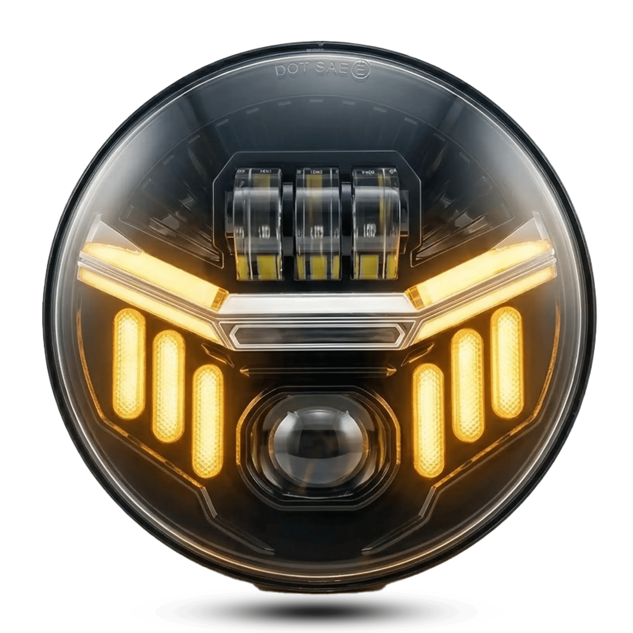 7-inch black LED projector headlight showing integrated amber turn signal LEDs and modern geometric design.