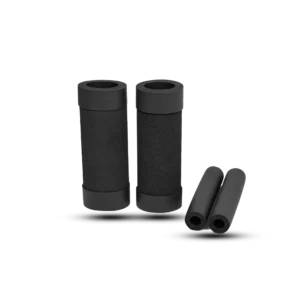 Pair of black high-density foam handlebar grips with reinforced end caps and matching brake lever sleeves for enhanced riding comfort.