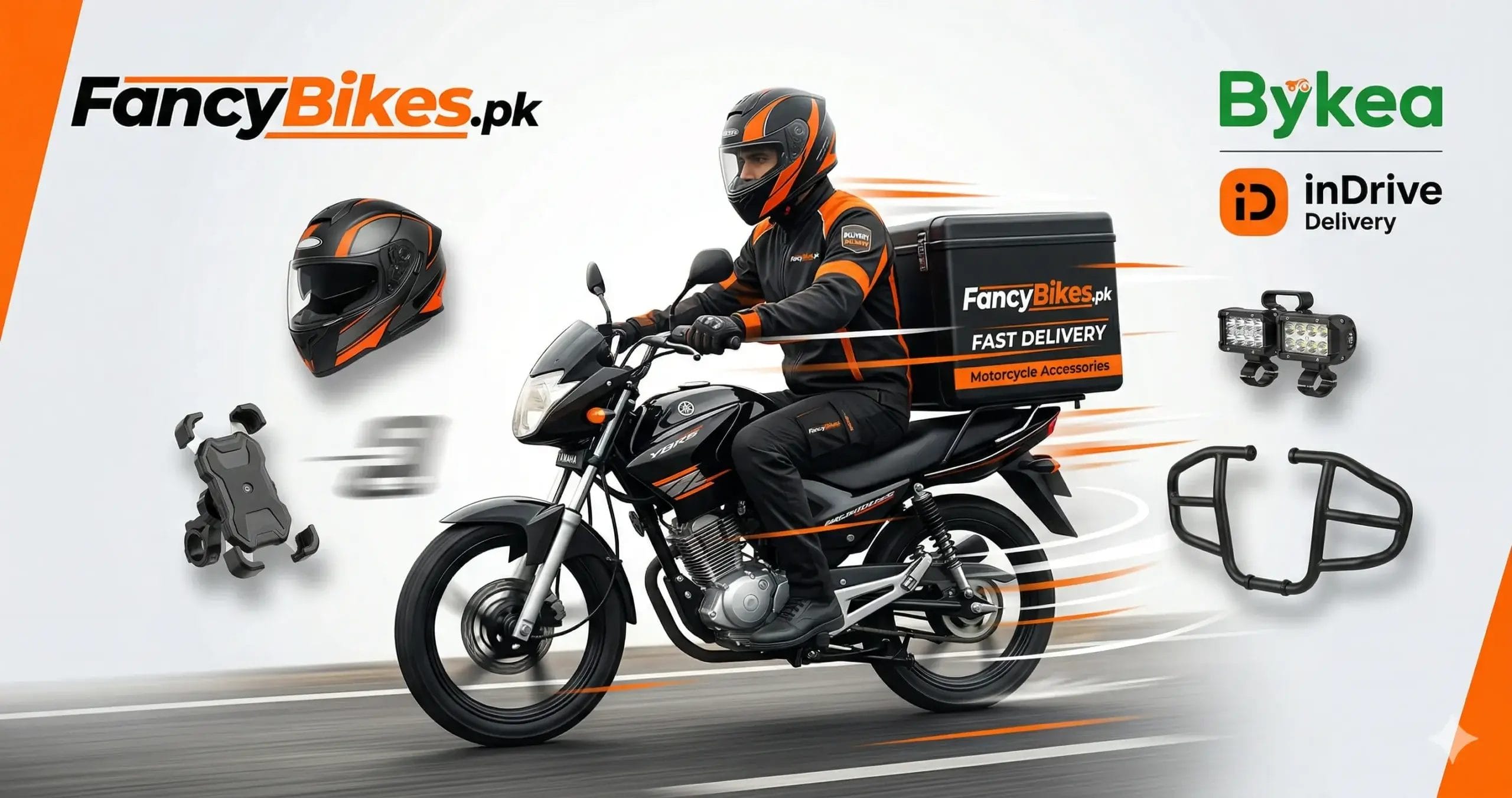 A dynamic marketing graphic showing a motorcycle delivery rider for FancyBikes.pk speeding on a road. Floating around him are various motorcycle accessories like a helmet, phone holder, LED lights, and crash guards. The Bykea and inDrive Delivery logos are featured in the corner.