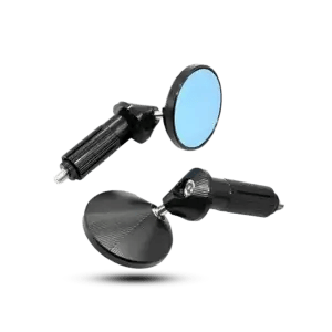 Close-up of the CNC aluminum alloy bike mirror highlighting the $360^{\circ}$ ball head design for multi-angle adjustment and the sleek 3D textured housing.