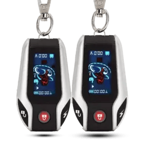 Master Racing 2-way motorcycle alarm kit including main control unit, wiring harness, siren, two LCD remotes with power symbols, and tire pressure sensor valves.