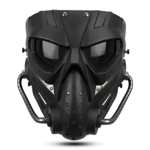 Tactical full face mask showing how the goggles and mouth guard align with the chin area of a half-face helmet.