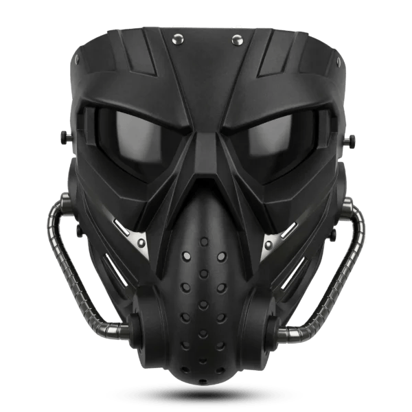 Tactical full face mask showing how the goggles and mouth guard align with the chin area of a half-face helmet.