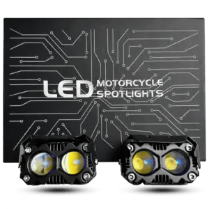 "Pole Star 60W LED Motorcycle Spotlights retail box showing dual-lens lights, manual, and stickers."