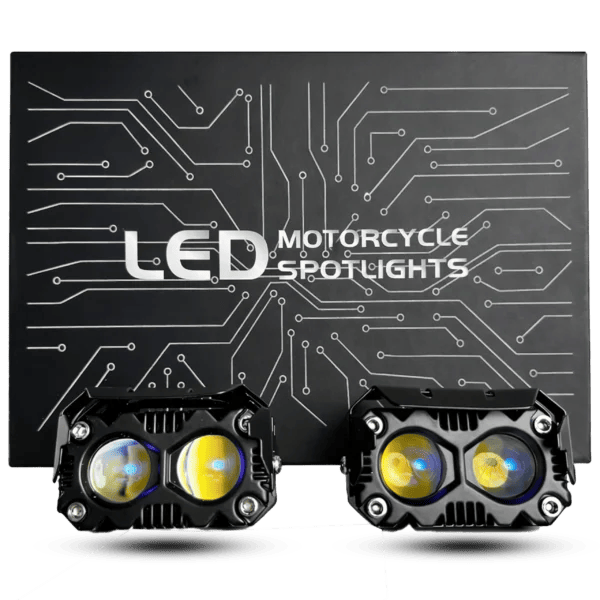 "Pole Star 60W LED Motorcycle Spotlights retail box showing dual-lens lights, manual, and stickers."