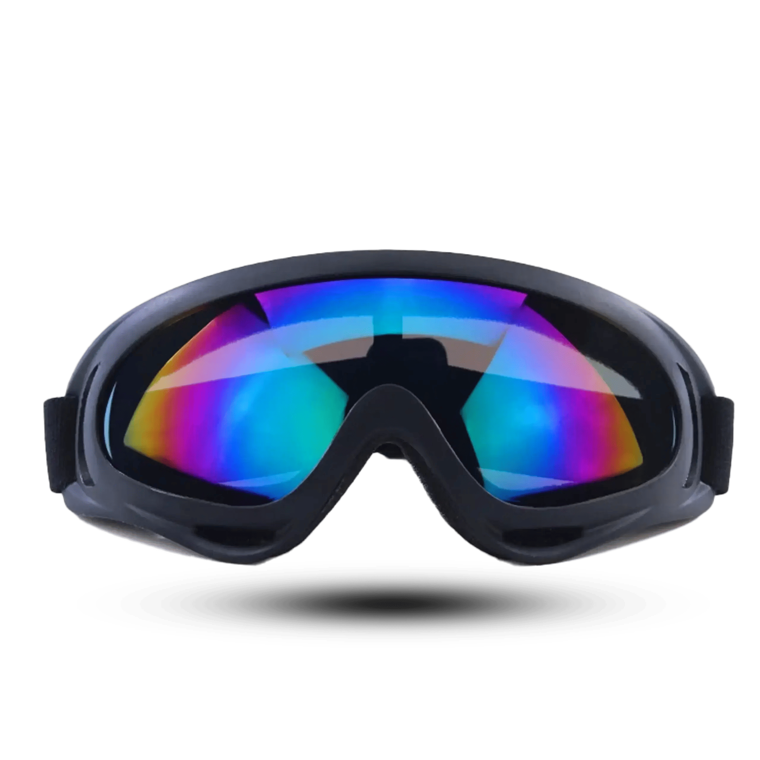 Professional cycling goggles with rainbow iridescent anti-impact lenses, breathable black frame, soft sponge padding, and adjustable elastic head strap.