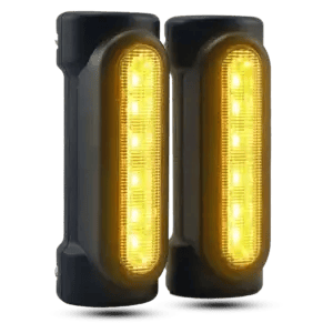 Pair of heavy-duty metal body motorcycle engine guard LED lights featuring white DRL and amber sequential turn signal modes with robust aluminum housing.