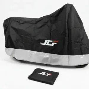Universal 3XL black and silver waterproof motorcycle cover with storage bag for heavy bikes and scooters.