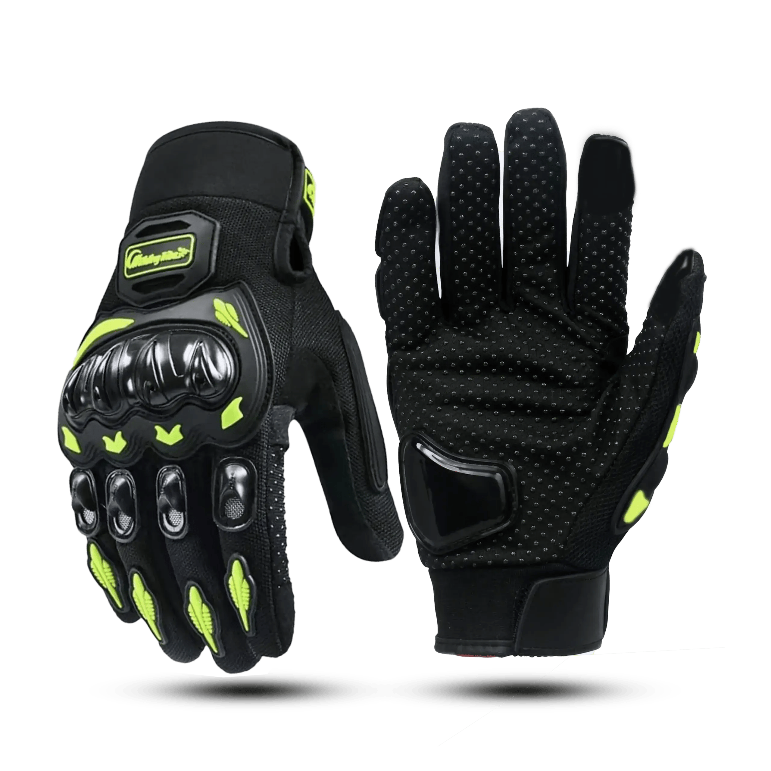 Main Image: Pair of black and neon green Riding Tribe motorcycle gloves featuring hard knuckle protection and finger ventilation ports.