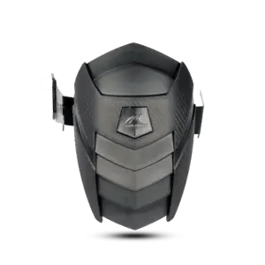 Shark Power branded motorcycle rear mudguard featuring a carbon fiber textured splash guard and heavy-duty black metal mounting brackets with "Shark Power" cutout lettering.
