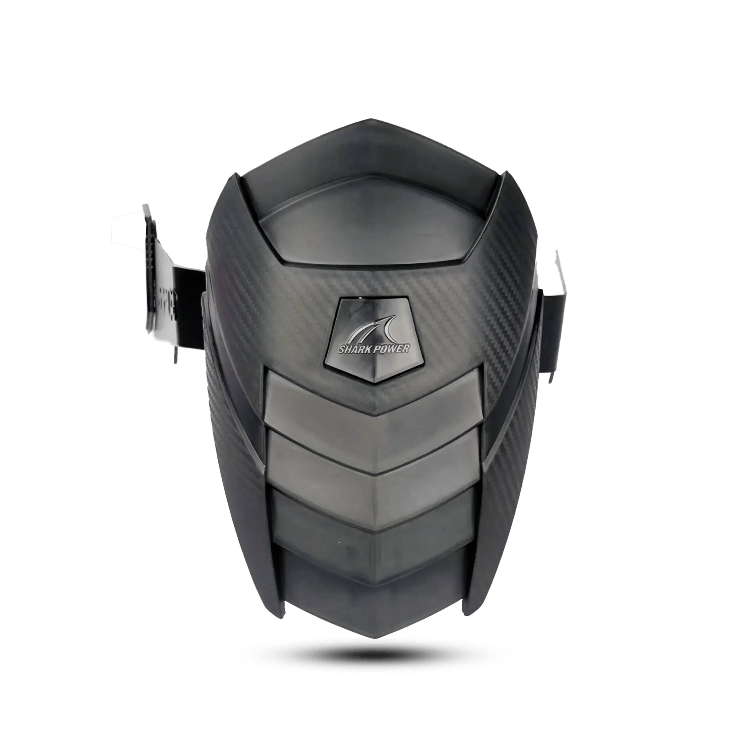 Shark Power branded motorcycle rear mudguard featuring a carbon fiber textured splash guard and heavy-duty black metal mounting brackets with "Shark Power" cutout lettering.