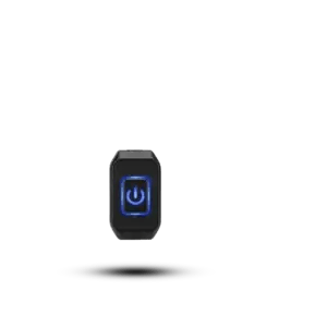 Front view of a black ABS plastic motorcycle handlebar switch featuring a rectangular button with a bright blue LED backlit power symbol.