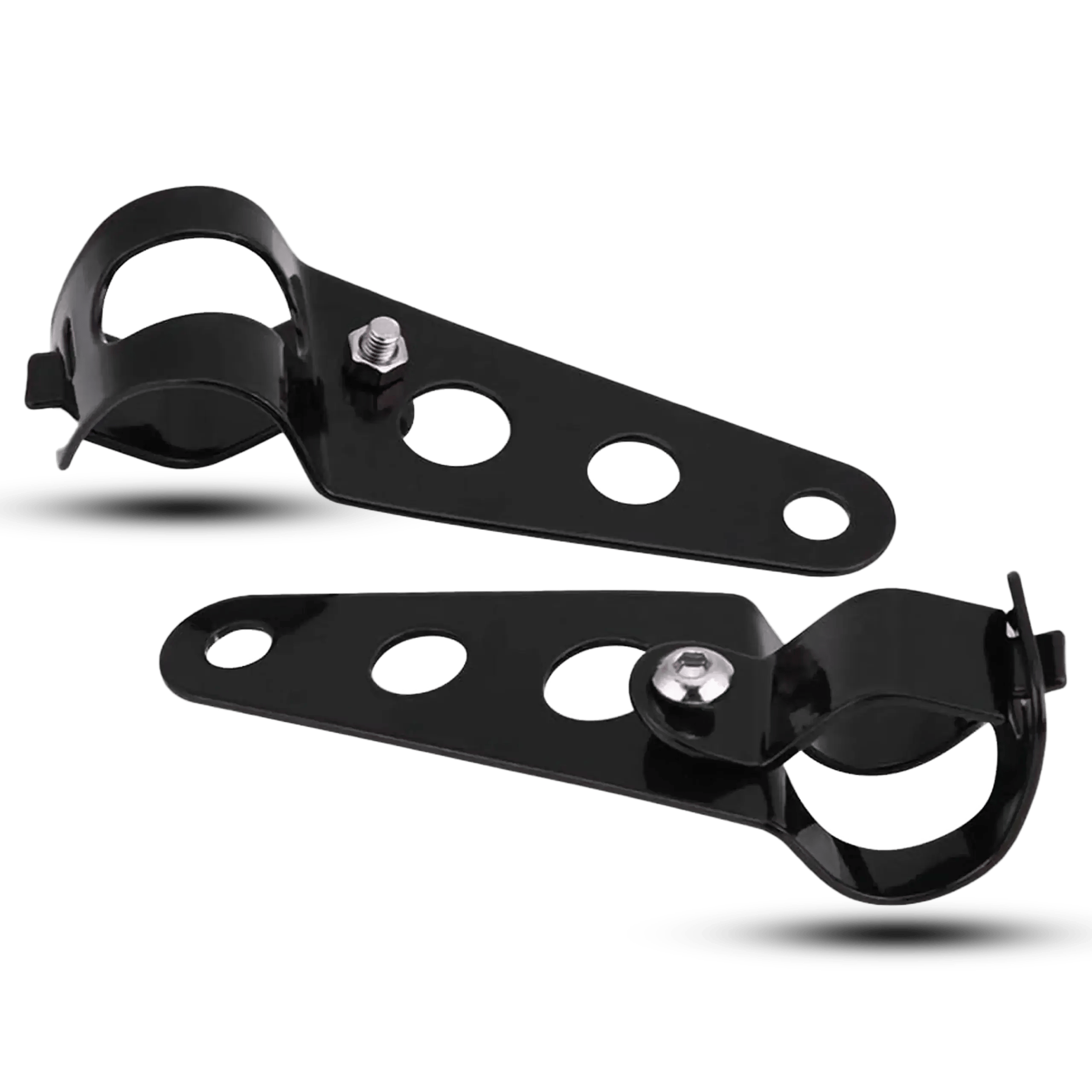 Pair of matte black heavy-duty metal motorcycle headlight mounting brackets with adjustable fork clamps and pre-drilled holes for turn signal indicators.