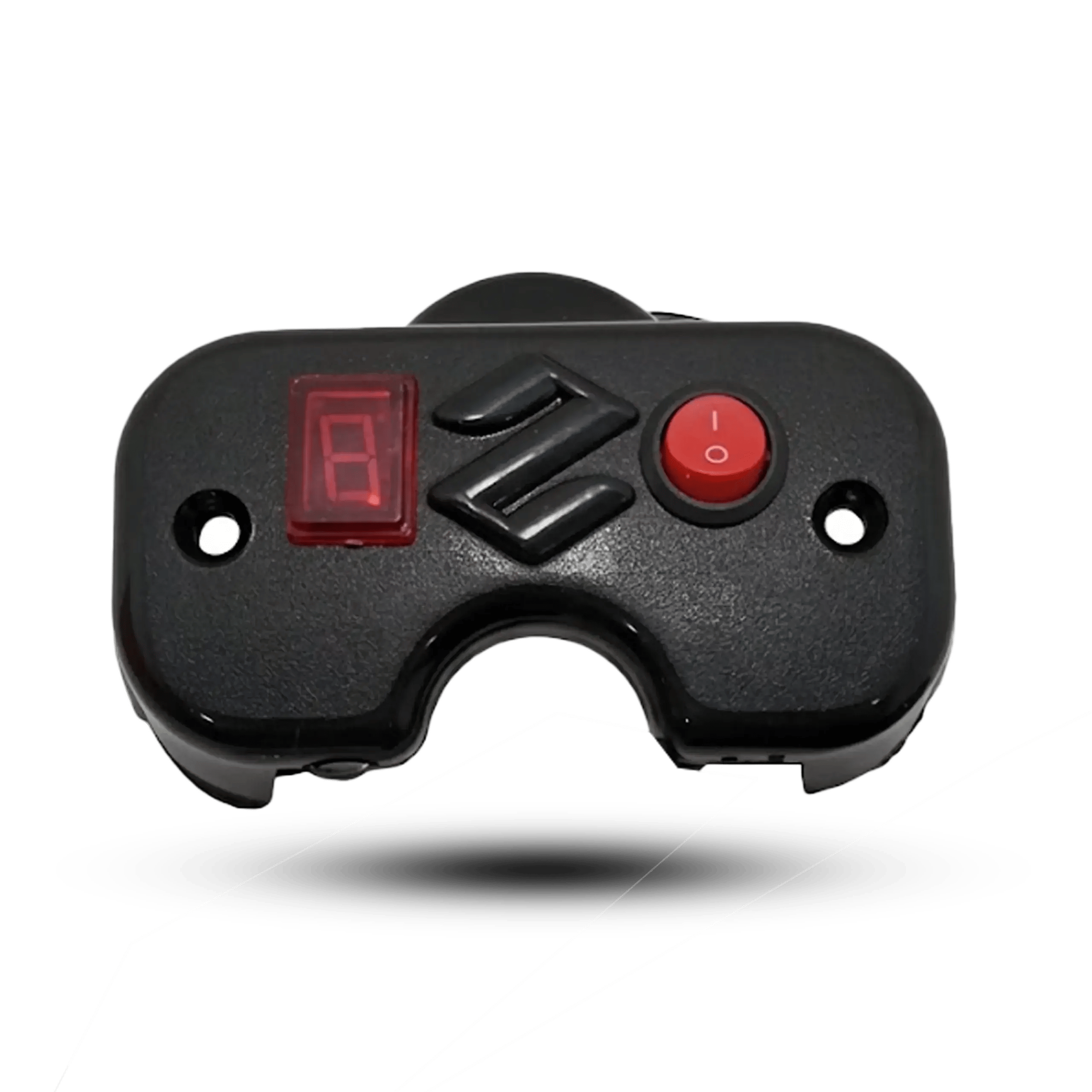 Main Image: Suzuki motorcycle gear indicator display with red LED screen and red on/off toggle switch, including wiring harness and mounting hardware.