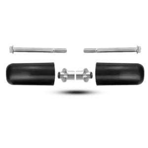 Two black plastic motorcycle frame sliders with silver mounting bolts and metal spacers.