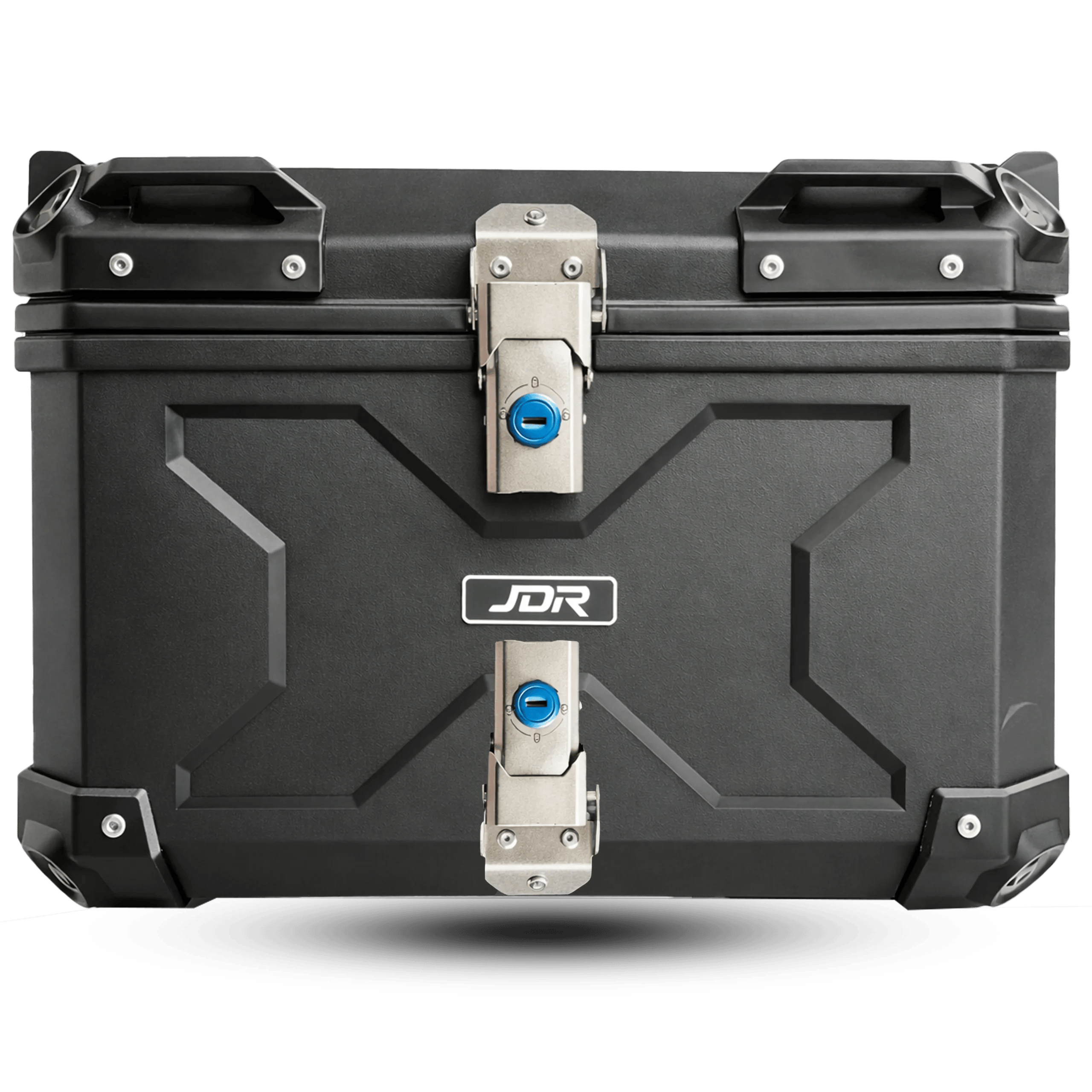 High-capacity 47L JDR black ABS plastic motorcycle top box on a touring bike, showcasing a spacious diamond-quilted interior and secure dual-locking mechanism.