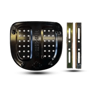 Black JDR top box mounting base plate with two gold-colored metal fitting brackets on a black background.