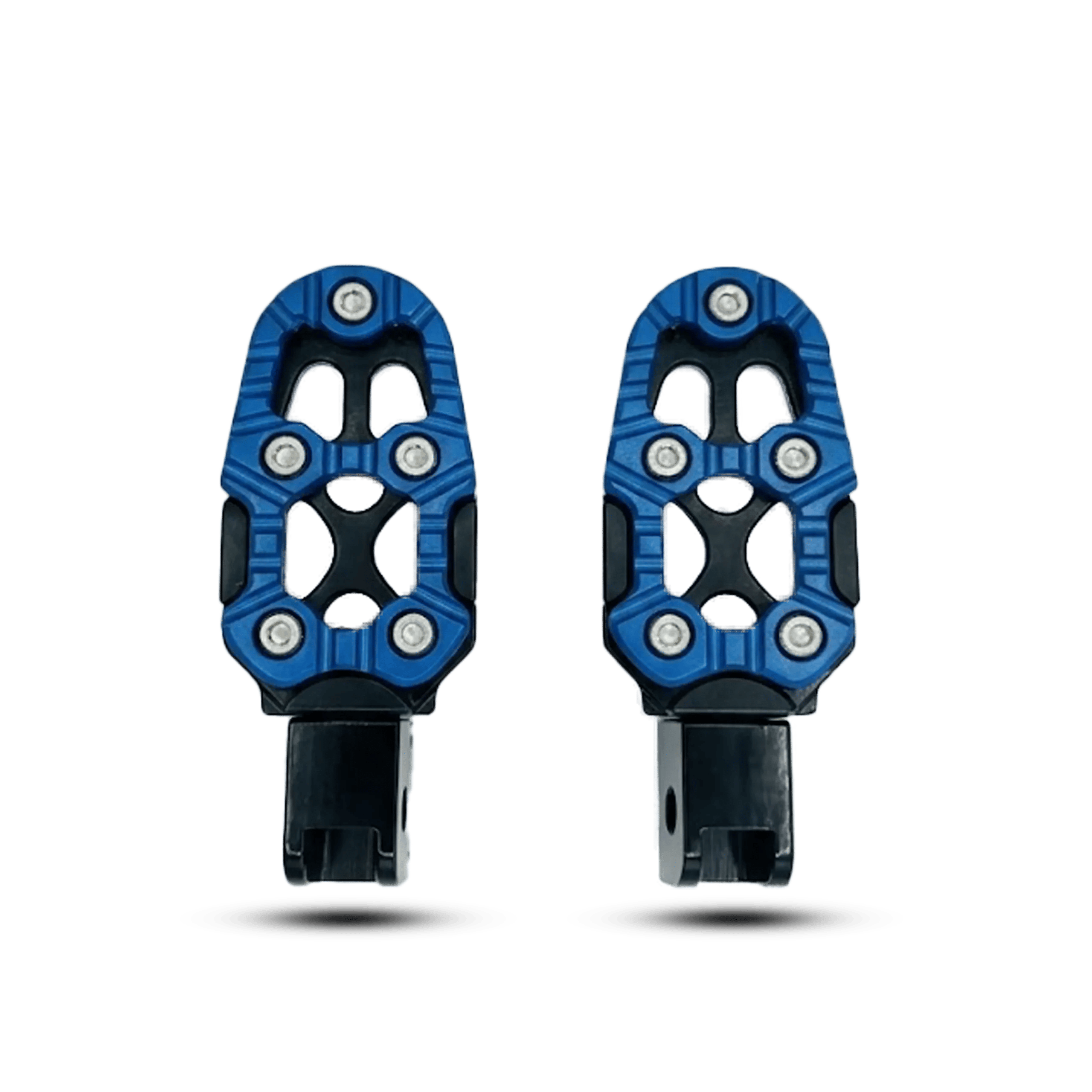 Pair of blue and black CNC machined aluminum motorcycle foot pegs with anti-slip bolts.