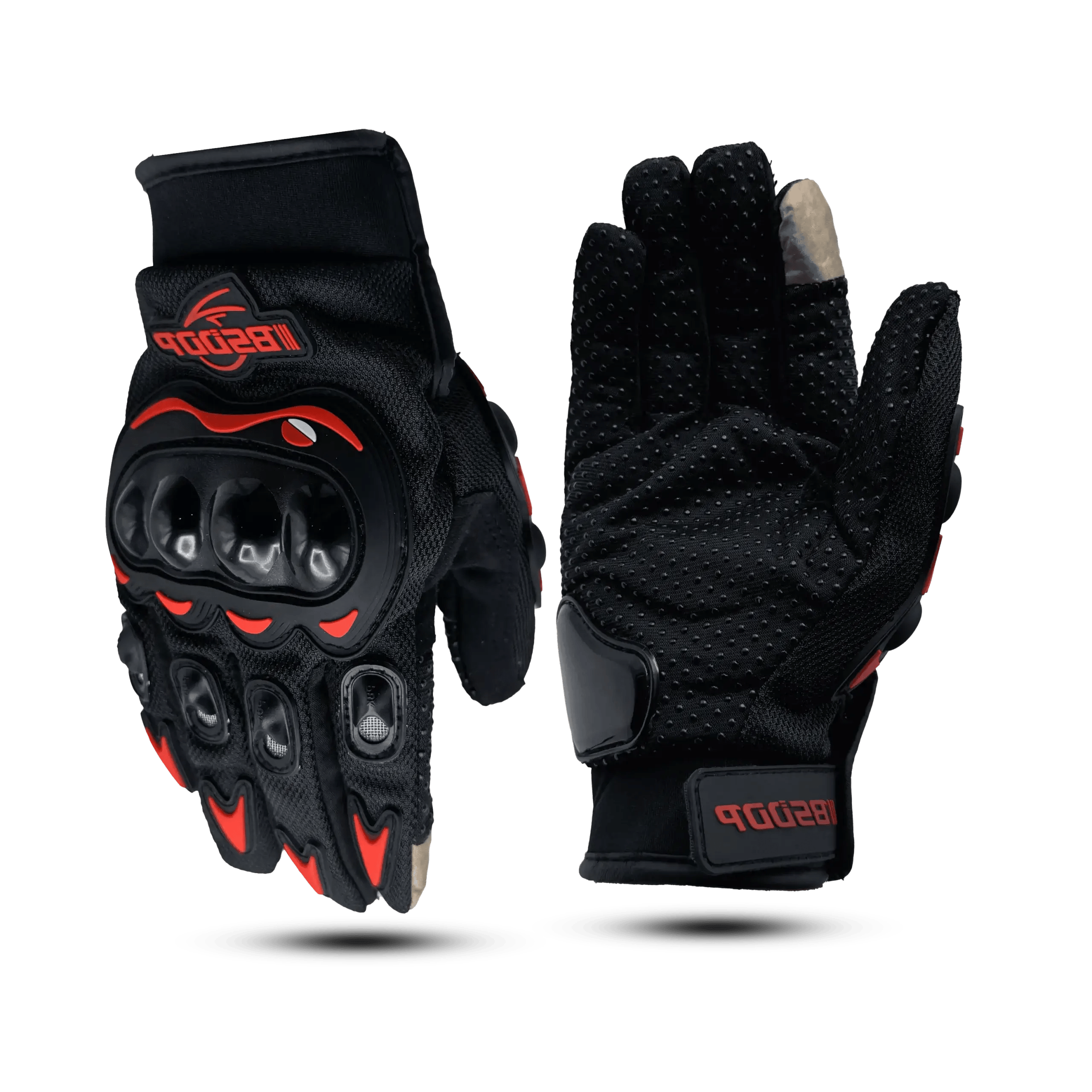 Front and back view of black and red BSDDP motorcycle gloves showing hard knuckle protectors and anti-slip textured palms.