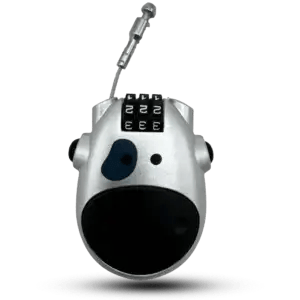 Silver cow-shaped 3-digit combination lock with retractable steel cable on a black background.