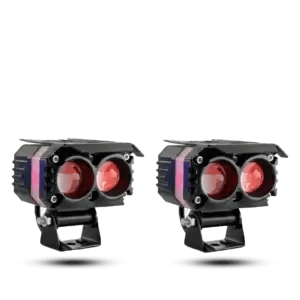 Dual-lens motorcycle LED projector light with built-in red devil eye and black aluminum housing for heavy bikes.