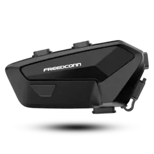 FreedConn FX Plus motorcycle helmet Bluetooth intercom unit sleek black side view showing pairing button.