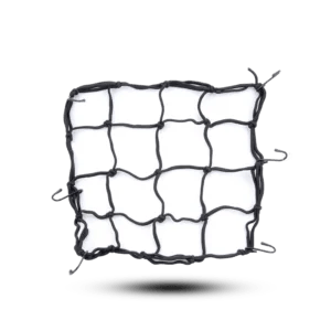 A black square elastic bungee cargo net with six metal hooks positioned around the edges, shown against a stark black and white background.