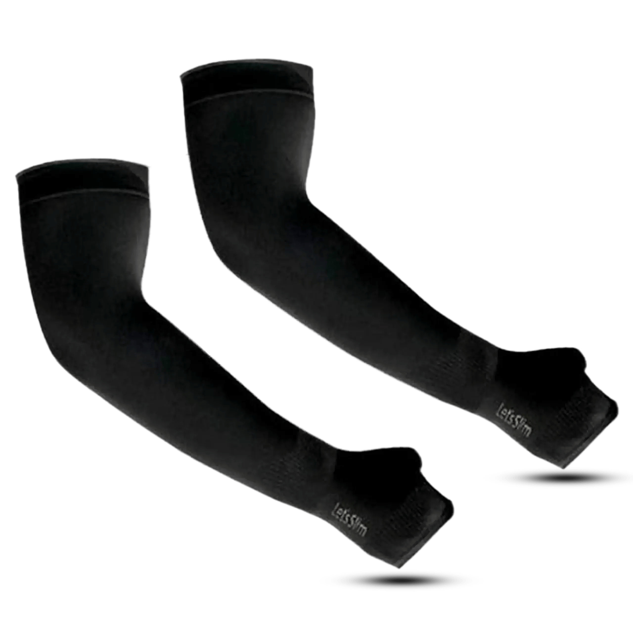 A three-panel product feature graphic showcasing a pair of black LetsSlim compression arm sleeves, demonstrating their high-elasticity seamless 3D weave fabric being stretched by hand, highlighting integrated thumbholes, and featuring text callouts for UV protection, supreme fit, quick-dry technology, and sweat release on a white background.