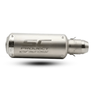 SC Project CR-T Master Grade titanium silver motorcycle exhaust with professional racing finish and laser etching.