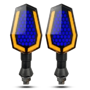 Pair of honeycomb design dual-color LED motorcycle indicators featuring blue DRL mesh and amber turn signal borders on a black background.