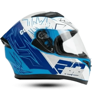 Profile view of the Vector VT-253 full-face motorcycle helmet in white featuring sharp electric blue and silver geometric graphics and a clear visor.
