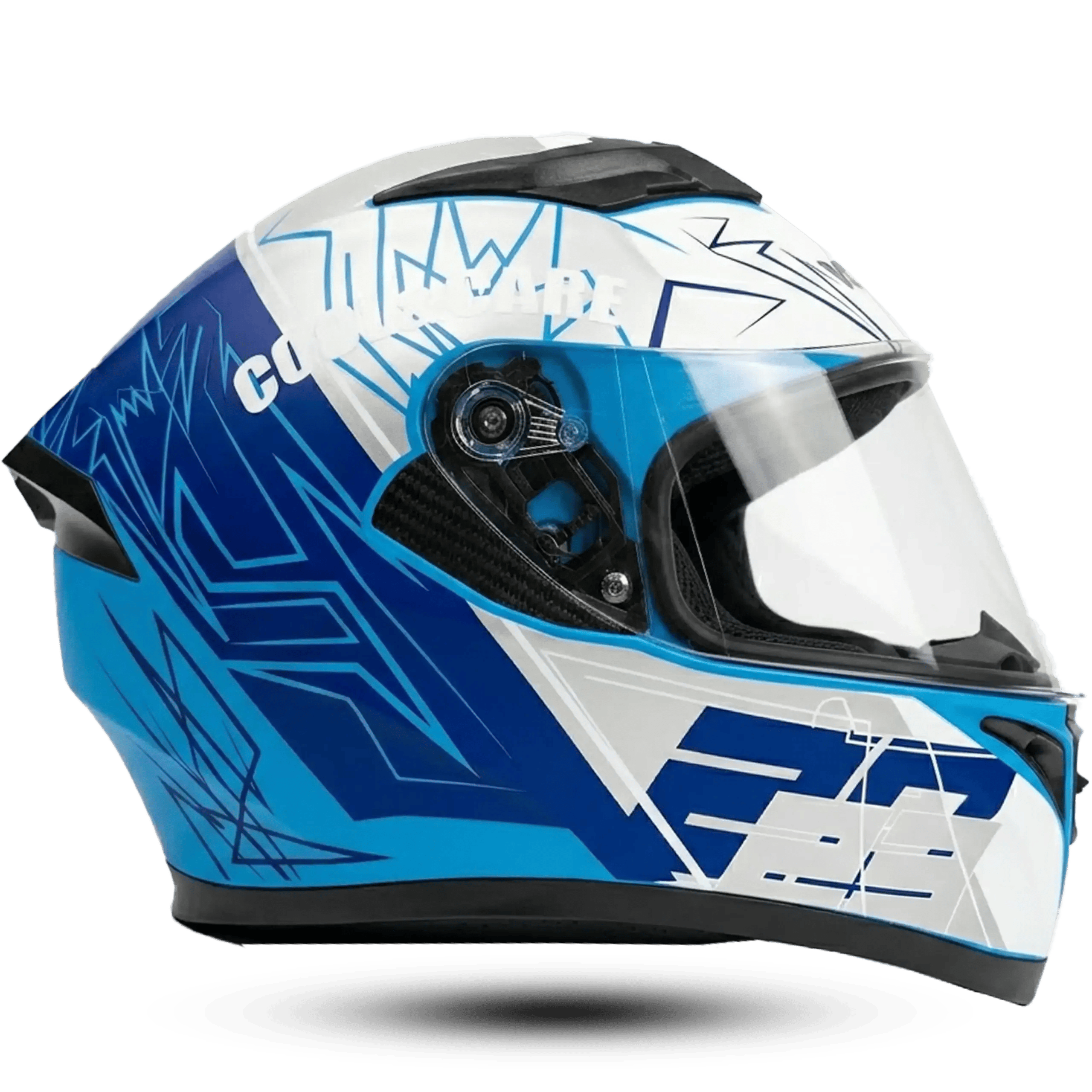 Profile view of the Vector VT-253 full-face motorcycle helmet in white featuring sharp electric blue and silver geometric graphics and a clear visor.