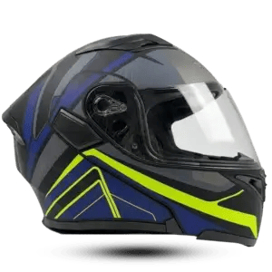 Side profile of the Vector Modular Azure Strike helmet in matte navy blue and grey, featuring sharp neon yellow-green geometric stripes and a clear visor.