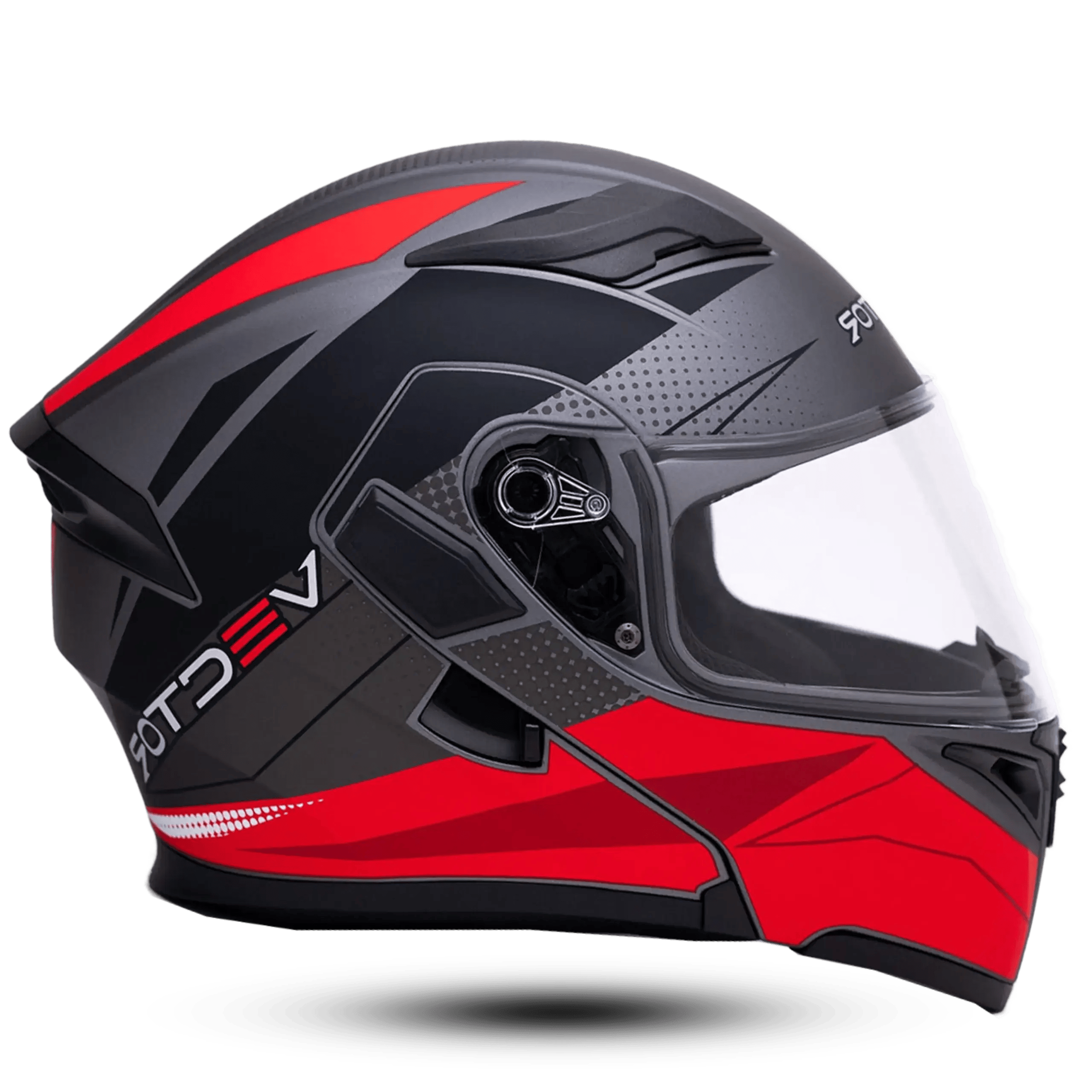 Side view of a matte grey and black modular flip-up motorcycle helmet featuring sharp red geometric designs, a clear visor, and a technical halftone graphic pattern.