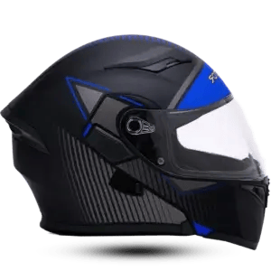 Side profile of a Vector Pro full-face motorcycle helmet in matte black featuring electric blue geometric pinstripes, grey speed-stripe graphics, and a clear visor.