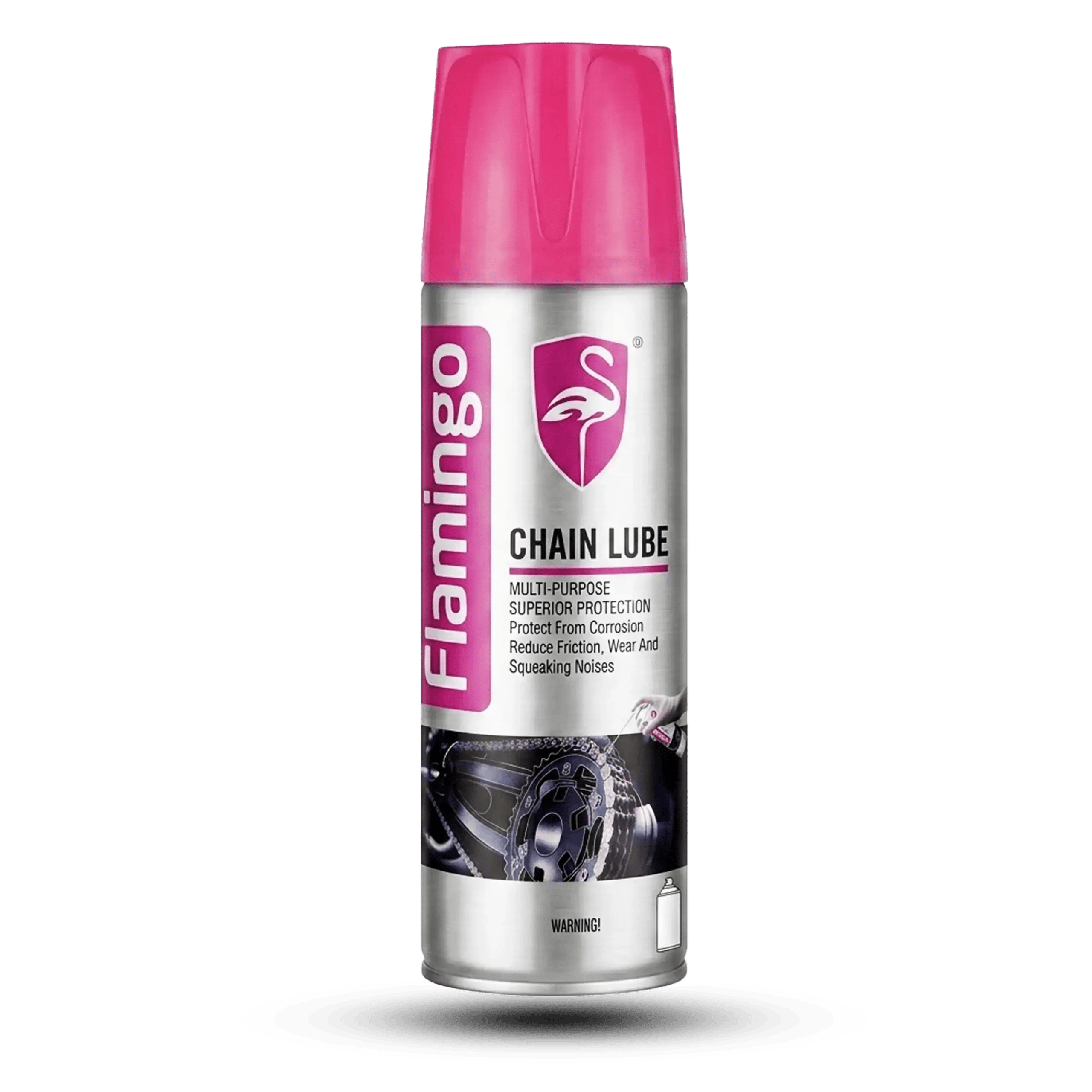 Flamingo Chain Lube aerosol spray can with a pink cap, featuring a pink flamingo crest logo and multi-purpose bike chain illustration on a brushed steel finish.
