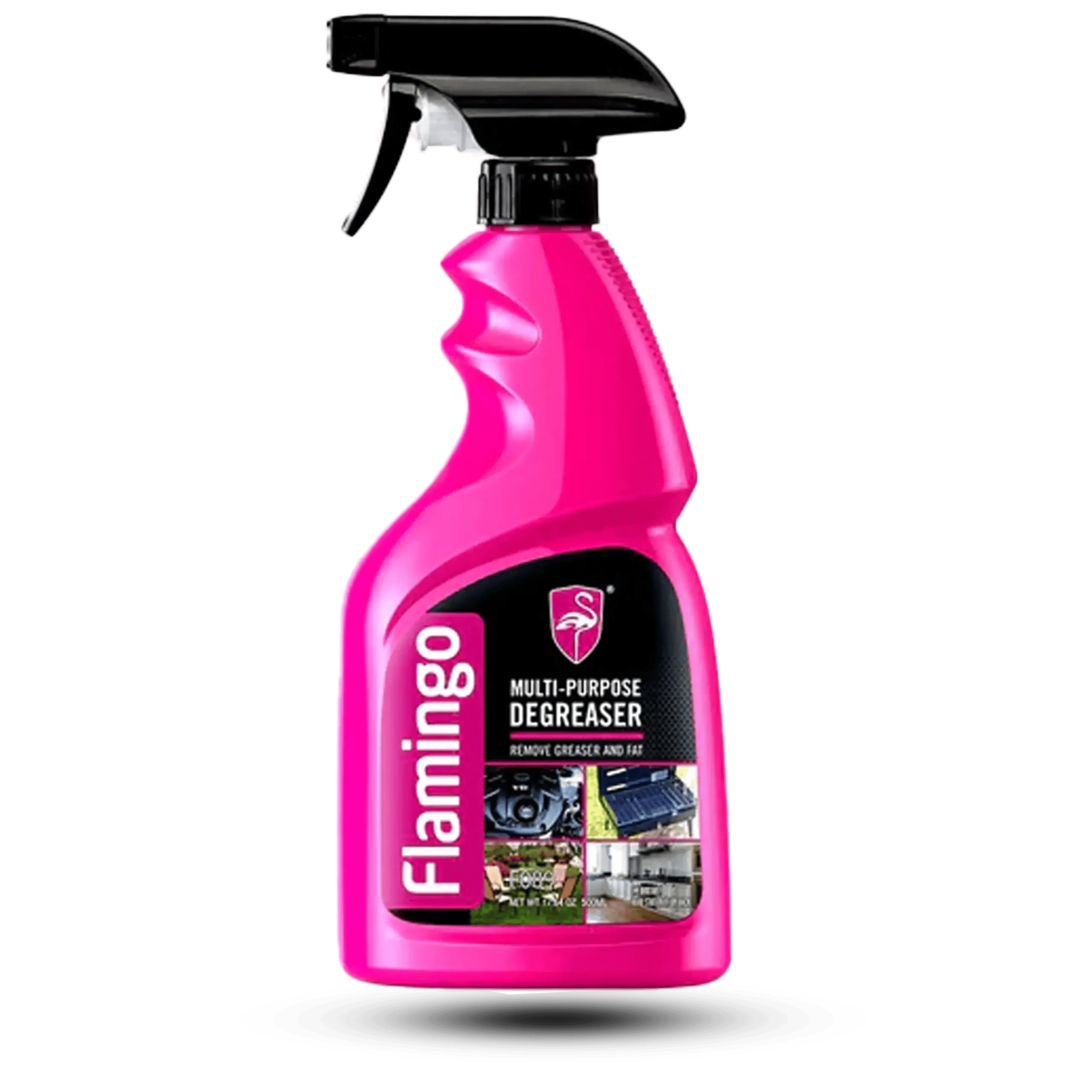 Flamingo Multi-Purpose Degreaser 500ml pink spray bottle with a black trigger nozzle, showcasing the pink flamingo shield logo and application graphics for automotive, kitchen, and household cleaning.