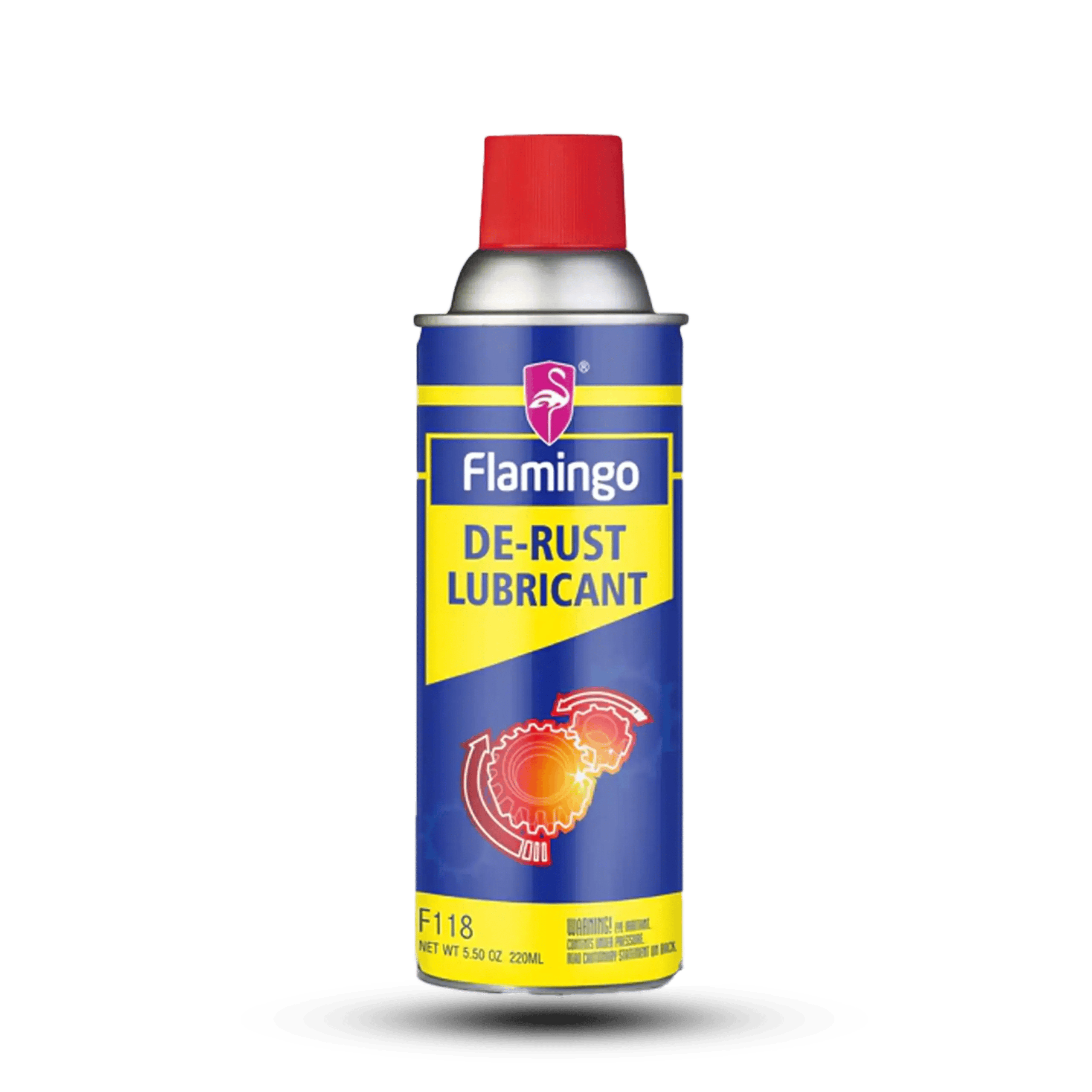 Flamingo F118 De-Rust Lubricant 220ml aerosol spray can with a red cap, featuring the pink flamingo shield logo on a blue and yellow background with a mechanical gears graphic.